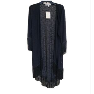 nwt BOSTON PROPER size‎ Large Open Front Goth Boho Fringed Sheer Cardigan Black